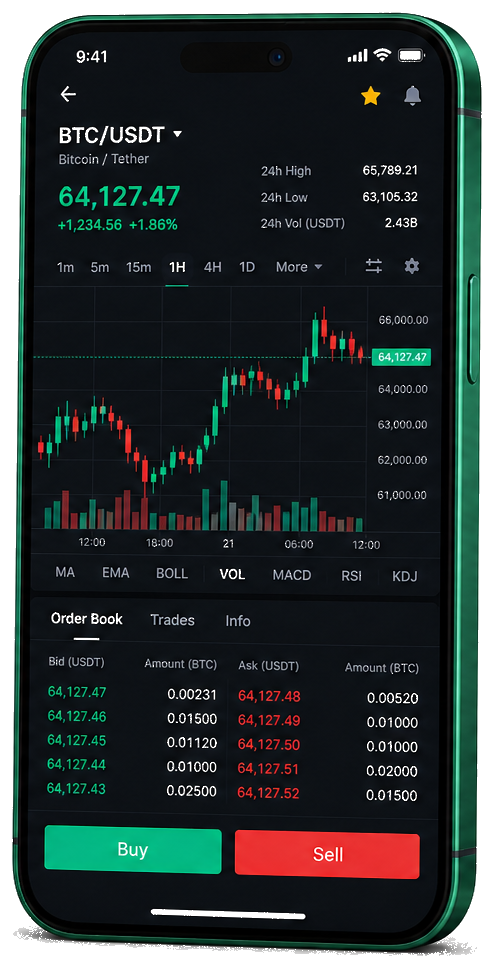 Interface mobile de trading Fonds Thesorelle — cours BTC/USDT en temps réel, carnet d’ordres et outils de suivi des transactions